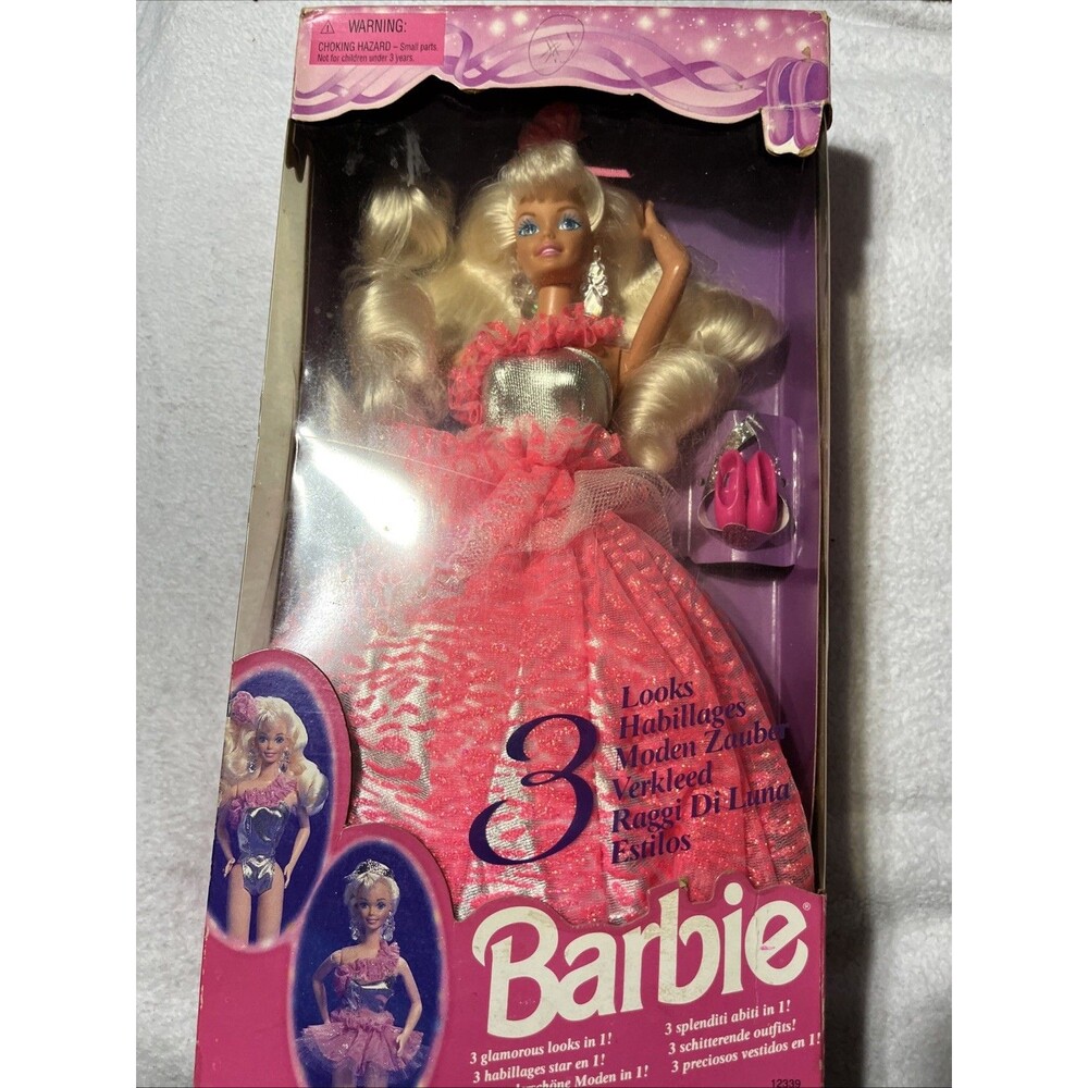 Vintage 3 Looks in 1 Barbie Doll 12339 Mattel 1994 Pink Dress NRFB Sealed⭐️